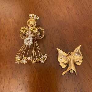 Jesus Pin and Angel Gold Tone Wrapped Wire Brooch. Set Of 2.
